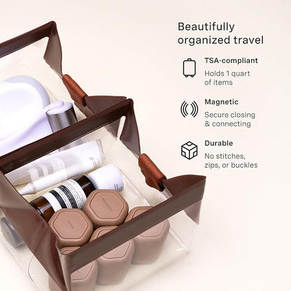 Cadence Parcel - Clear Kit with Magnetic Closure - Durable and Leak-Resistant Travel Toiletry Kit - TSA-Compliant & Modular Design - Hygiene Bag for Travel Essentials - 1 Qt - Chestnut