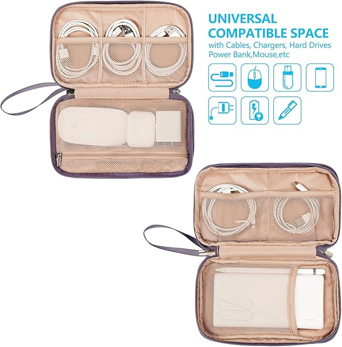 NISHEL Travel Cord Organizer Case, Double Layers Tech Electronic Bag, Essentials for Charger, Cable, Phone, Flash drive, Medium, Purple