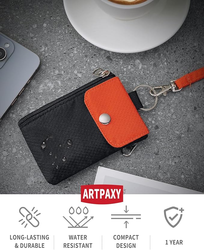 Minimalist Wallet For Mens Womens, Keychain RFID Blocking Zipper Small Wallet with ID Window 2 Lanyards,Water Resistant Travel Cash Card Coin Case Boys Girls