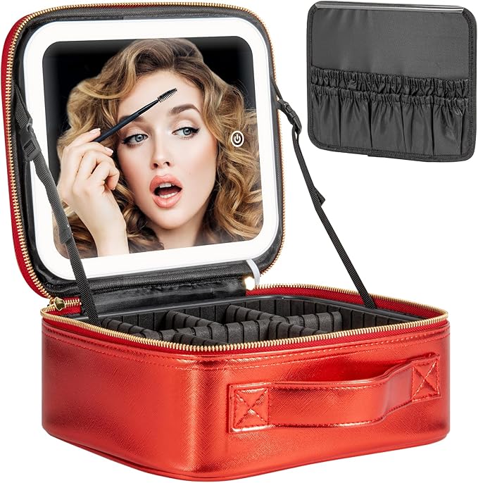 Makeup Travel Train Case with Mirror LED Light 3 Adjustable Brightness Large Cosmetic Bag Portable Storage Adjustable Partition Waterproof Brushes Make up Jewelry Gift for Women