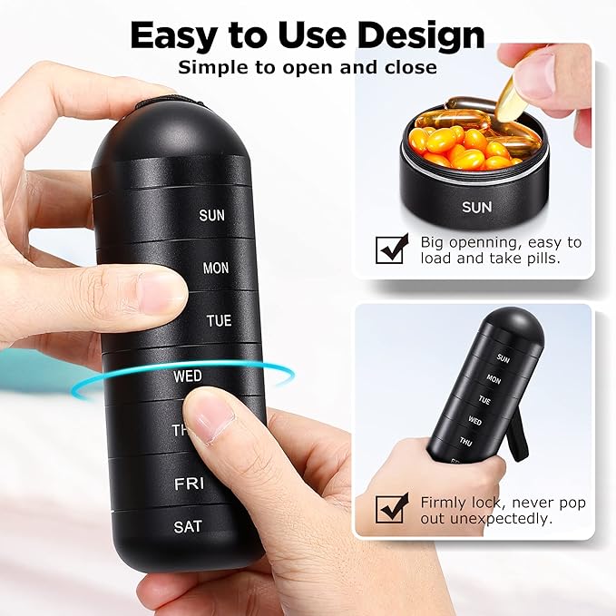 Zannaki Weekly Pill Organizer 7 Day 2 Times a Day, Portable Metal Travel Waterproof AM PM Pill Box,Large Pill Case Container, BPA Free Daily Medicine Organizer Holder for Vitamin, Fish Oil, Supplement