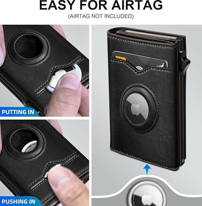 Airtag Wallet for Men,with Cash Pocket 2 ID Window 9-12 Cards,Metal Case Smart Slim Pop Up Credit Card Holder Flip with Magnetic Closure RFID Blocking Trifold wallet with Gift Box