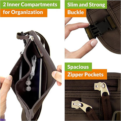 Money Belt for Travel with RFID Blocking Technology - Hidden Travel Money Pouch for Cash, Credit Cards, Passport, and Travel Valuables - Secure Water Resistant Money Belt for Men and Women (Brown)