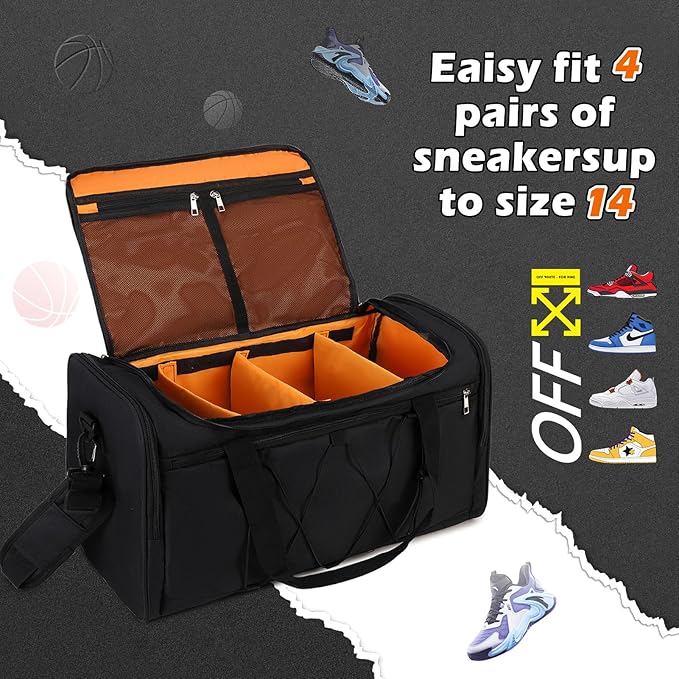 Sneaker Bag for Travel, Outdoor Sports Gym Bag Shoe Bags for 4 Pairs of Sneakers up to Size 14, Travel Duffel Bags with 3 Adjustable Dividers & Shoulder Strap, Sneakerhead Gift