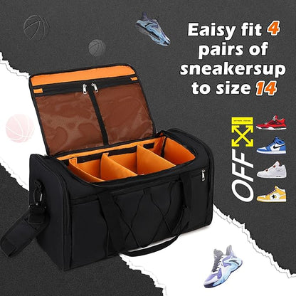 Sneaker Bag for Travel, Outdoor Sports Gym Bag Shoe Bags for 4 Pairs of Sneakers up to Size 14, Travel Duffel Bags with 3 Adjustable Dividers & Shoulder Strap, Sneakerhead Gift