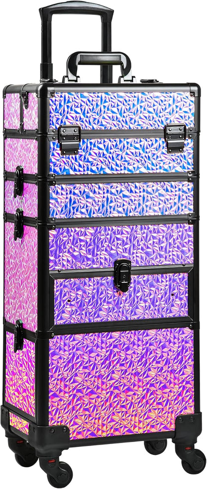Makeup Train Case with Drawer, Rolling Makeup Case, Cosmetology Case on Wheels, Gift, Large Makeup Case Organizers, Professional for Salon Barber, Nail, Tattoo, Black Colourful