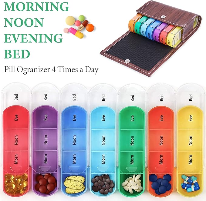 Pill Organizer,LIZIMANDU Weekly Travel Pill Case Box Medication Reminder Daily AM PM, Day Night 7 Compartments,for 4 Times A Day, 7 Days a Week-Includes Leather PU Carrying Case(1-Wood-Light Brown)