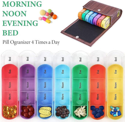 Pill Organizer,LIZIMANDU Weekly Travel Pill Case Box Medication Reminder Daily AM PM, Day Night 7 Compartments,for 4 Times A Day, 7 Days a Week-Includes Leather PU Carrying Case(1-Wood-Light Brown)