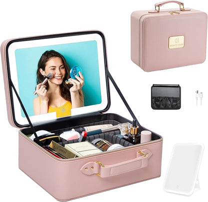 Makeup Bag with LED Mirror, Portable Makeup Artist Organizer Case with Lighted Mirror, Travel Makeup Bag for Women Cosmetic Brush Holder Storage, Pink Makeup Gift for Girls