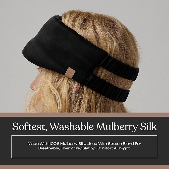 Lunya Weighted Silk Sleep Mask – Mulberry Silk Eye Cover with Cooling Glass Beads, Noise-Reducing Fit, Washable Fabric, and Travel Pouch – Sleeping Mask for Men and Women - Black – Small