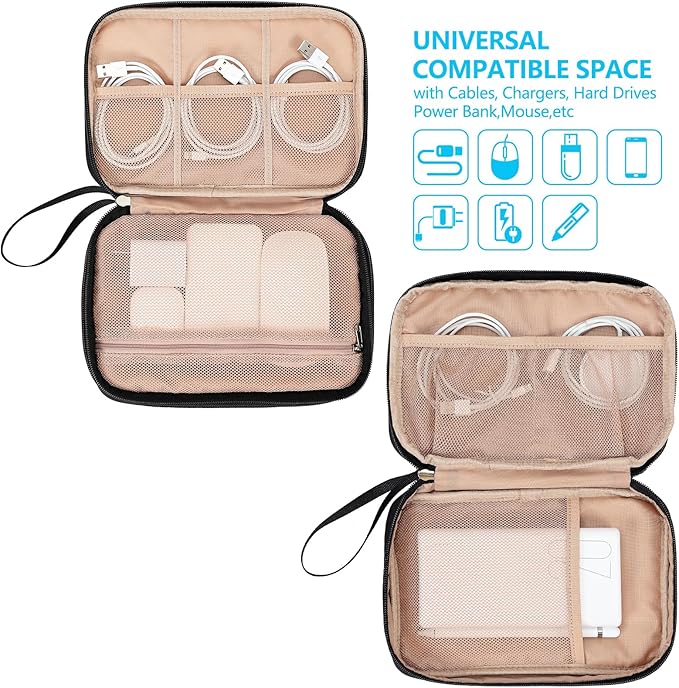 NISHEL Travel Cord Organizer Case, Double Layers Tech Electronic Bag, Essentials for Charger, Cable, Phone, Flash drive, Large, Black