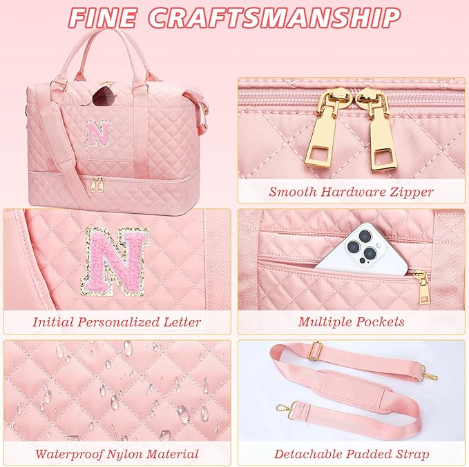 Gifts for Teen Girls Initial Travel Duffle Bag Quilted Weekender Bags Carry-On Overnight with Cosmetic Bag, Gym Bag with Shoe Compartment Hospital Bag for Women Labor Delivery, Pink-N