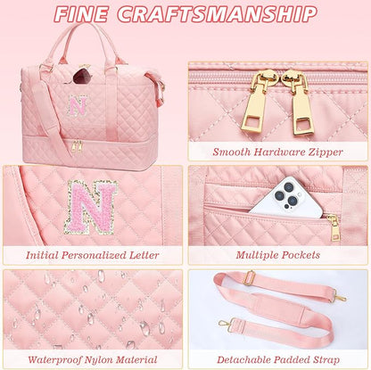 Gifts for Teen Girls Initial Travel Duffle Bag Quilted Weekender Bags Carry-On Overnight with Cosmetic Bag, Gym Bag with Shoe Compartment Hospital Bag for Women Labor Delivery, Pink-N