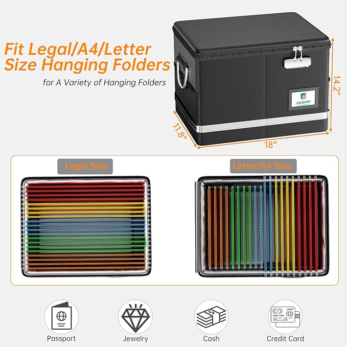 Fireproof Document Box,5200°F File Organizer Box with Lock,Foldable Filing Organizer Cabinet, Portable Safe Storage for Hanging Letter/Legal Folder,Black