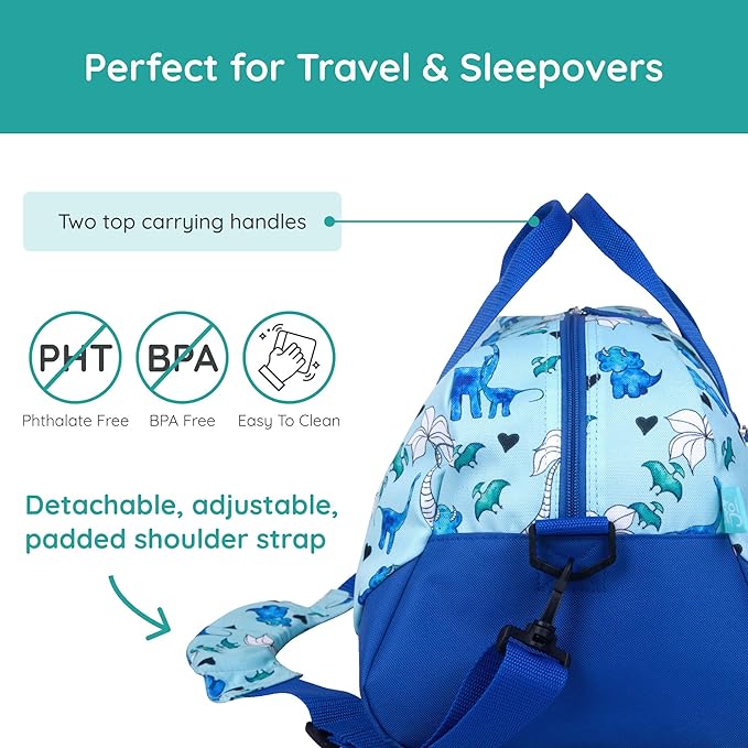 JumpOff Jo by Wildkin Overnighter Duffel Bag – Lightweight Travel Bag for Kids - Blue Dino
