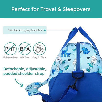 JumpOff Jo by Wildkin Overnighter Duffel Bag – Lightweight Travel Bag for Kids - Blue Dino