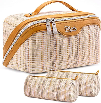 BOYATU Travel Makeup Bag for Women: Large Capacity Open Flat Make up Bag Set of 3 - Vegan Leather Cosmetic Bag with Compartments - Waterproof Toiletry Bag with Handle & Divider(I-4-Gold)