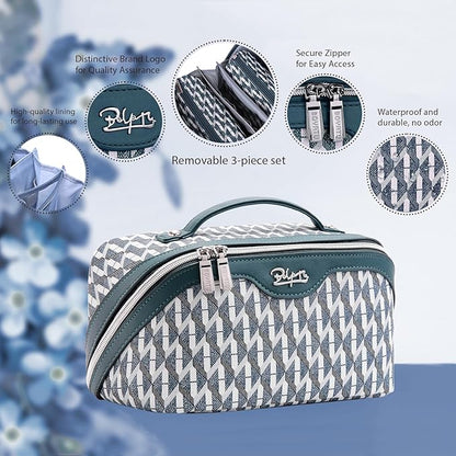 BOYATU Travel Makeup Bags for Women: Large Capacity Cosmetic Bag Set of 3 - Vegan Leather Make up Bags with Compartments - Wide Open Waterproof Toiletry Organizer Bag with Handle (B-01-Royal blue)