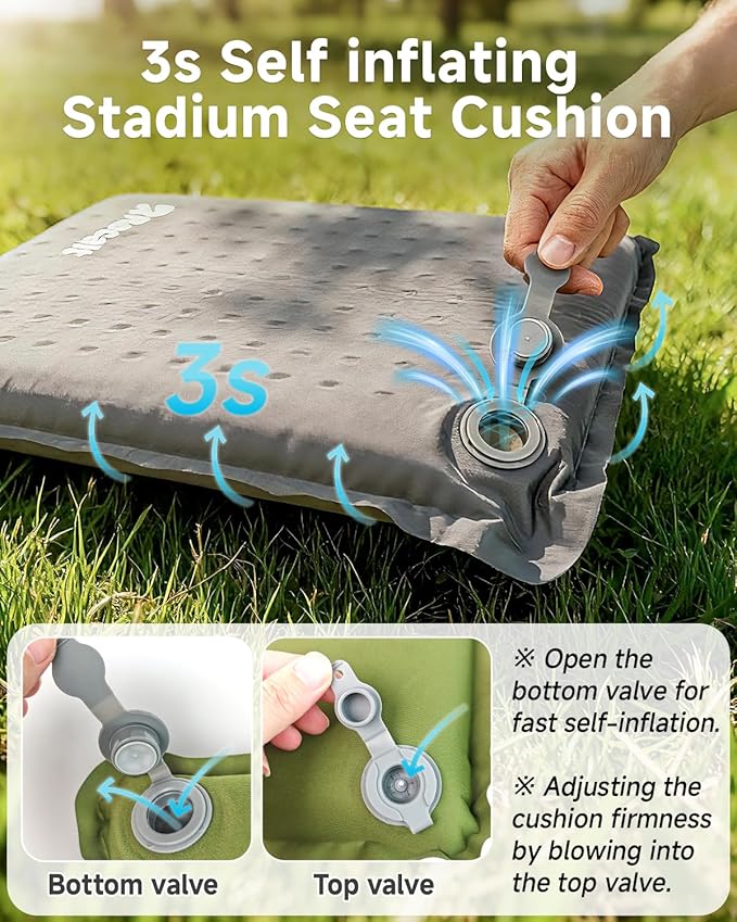 Rocalt Inflatable Seat Cushion,Self-Inflating Memory Foam Stadium Seats Cushion, Portable Air-Foam Bleacher Cushion, Lightweight & Compact Travel Seat Cushion for Camping, Airplane, Car, Sports Events
