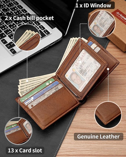 Mens Wallet Genuine Leather Bifold RFID Blocking Wallet for Men with 1 ID Window 13 Card Holders 2 cash pockets 1 Gift Box