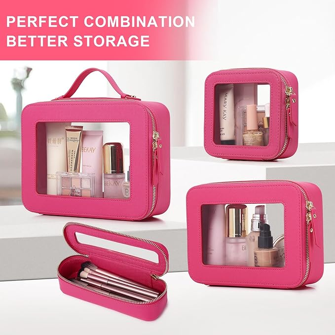 Pinkmik Clear Makeup Bag with Brush Bag 2pcs Waterproof Travel Case for Cosmetics and Toiletries Women's Cosmetic Organizer with Zipper (X/Fuxia, L+SLIM)