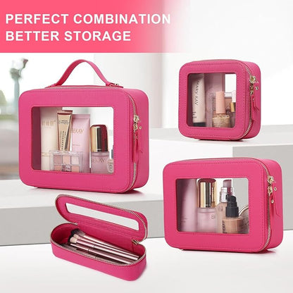 Pinkmik Clear Makeup Bag with Brush Bag 2pcs Waterproof Travel Case for Cosmetics and Toiletries Women's Cosmetic Organizer with Zipper (X/Fuxia, L+SLIM)