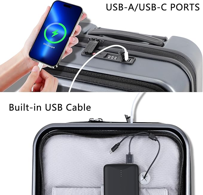 Carry On Luggage with Front Pocket & USB Port, PC Hardside 20 Inch luggage with Spinner Wheels & Built-in TSA Lock, Durable Lightweight Rolling Suitcase, Carry-On 20-Inch, Gray