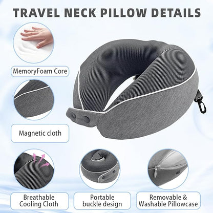 Memory Foam Travel Neck Pillow for Airplane, 360° Ergonomic Support Neck Pillow for Sleeping on Long Flights, Cars, Trains & Office, Compact & Portable with Storage Bag (Gray)