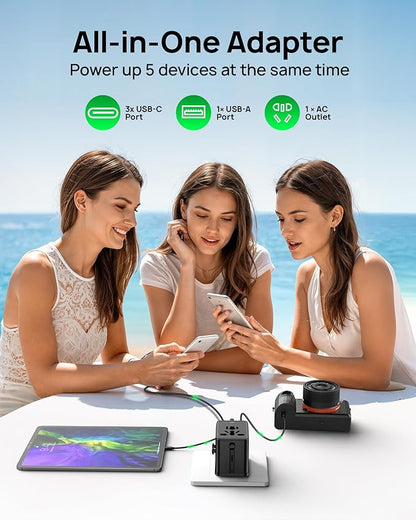 75W Tiny Universal Travel Adapter, GaN Fast Charging European Power Adapter with 5 Ports (1 AC, 1 USB-A, and 3 USB-C), Plug Adapter with Smart Chip for Over 200 Countries, PD&QC Charger