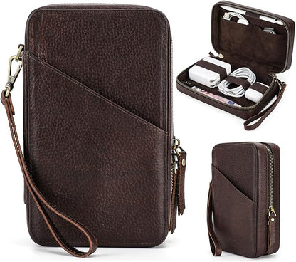 Electronic Organizer Case Tech Kit, Top Grain Leather Handmade, Portable Compact Travel Electronic Accessories Storage Case Fits Phone, USB Cables, Chargers, Hard Drive, Cards, Apple pencil