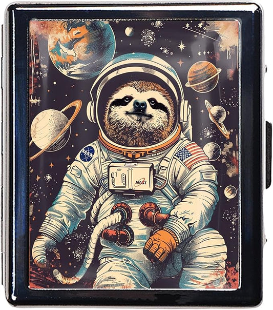 7 Days Chromed Shiny Silver Pill Organizer with Mirror Inside Has 8 Separate Compartments Rectangle 7 Days Pill Box Pill Case (Sloth Astronaut)