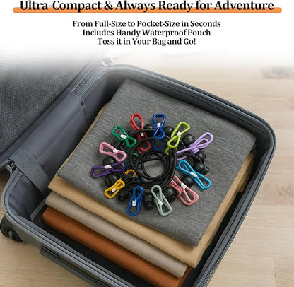 Travel Clothesline Retractable Portable Clothesline with 12 Clips Portable Elastic Camping Clothes Line with Anti-Slip Beads & Stainless Hooks for Hotel, RV, Boat, Outdoor Use (2 Pack)