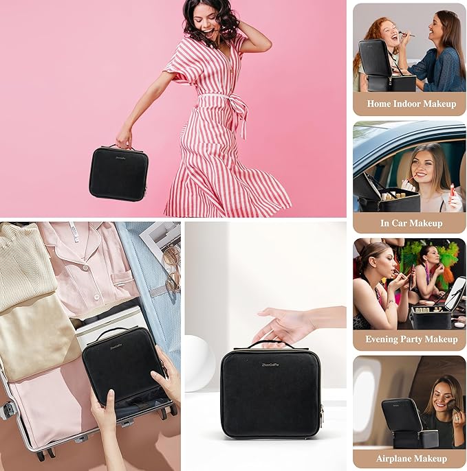 SJD Travel Makeup Bag with LED Mirror, Portable Cosmetic Case Organizer with Lighted Mirror, Waterproof Makeup Case for Cosmetic Brush Holder Storage, Black Toiletry Bag for Women Gift