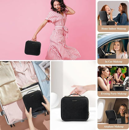 SJD Travel Makeup Bag with LED Mirror, Portable Cosmetic Case Organizer with Lighted Mirror, Waterproof Makeup Case for Cosmetic Brush Holder Storage, Black Toiletry Bag for Women Gift