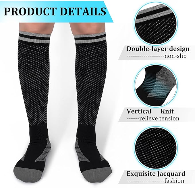 30-40mmHg Medical Graduated Compression Socks for Women&Men Circulation-Compression Stockings-Knee High Socks for Support,Hiking,Running(2 Pack Strip Black Grey,L-XL)
