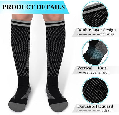 30-40mmHg Medical Graduated Compression Socks for Women&Men Circulation-Compression Stockings-Knee High Socks for Support,Hiking,Running(2 Pack Strip Black Grey,L-XL)