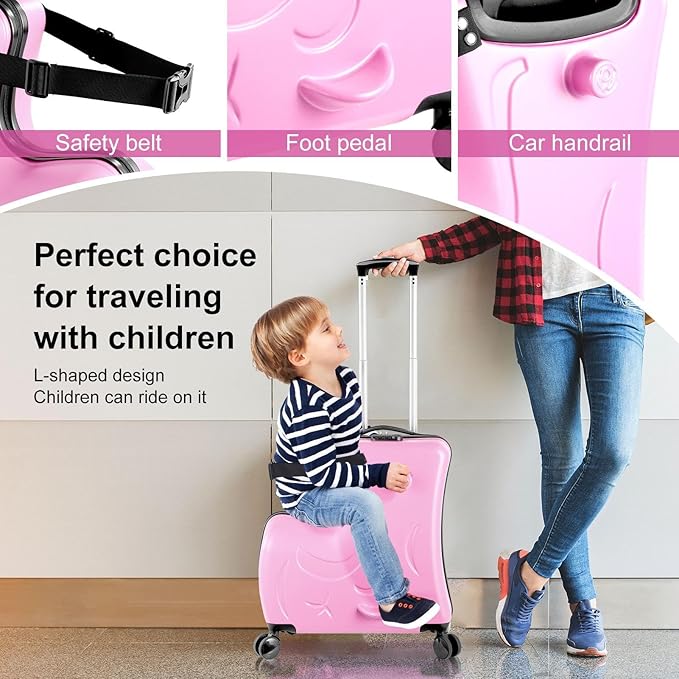 24 Inch Kid Ride Suitcase,Kid Luggage Seat Ride With Lock - Kids Travel Trolley With Safety Belt, Kids Luggage With Wheels Child Stroller Spinner Luggages, ABS+PC (Pink, 6-12 Years)