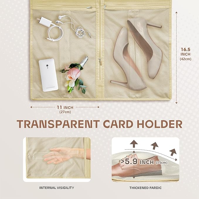 43" Travel Garment Bag with Accessories Zipper Pocket, Heavy Duty Suit Bag for Suits, Tuxedos, Dresses, Coats, Beige, 1 pack