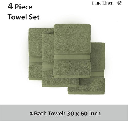 Lane Linen 100% Cotton 4 Pack Bath Towels (30"x60") - Zero Twist, Mercerized Cotton Bathroom Towel Set - Quick Dry, Extra Soft & Absorbent Large Bath Towels - Tumble Dry Regains Fluffiness - Oil Green