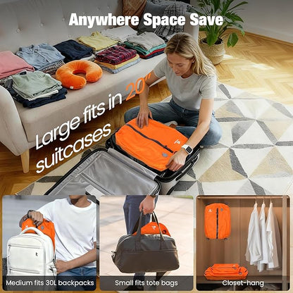 3 Pack Vacuum Bags for Travel with Pump, 3-Size Set Reusable Vacuum Compression Bags for Luggage, Space Saver IP67 Waterproof Vacuum Packing Cubes for Suitcase&Backpack, Orange