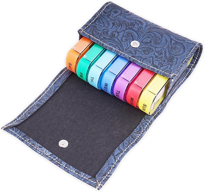 Pill Organizer,LIZIMANDU Weekly Travel Pill Case Box Medication Reminder Daily AM PM, Day Night 7 Compartments,for 4 Times A Day, 7 Days a Week-Includes Leather PU Carrying Case(1-Carved Blue2)