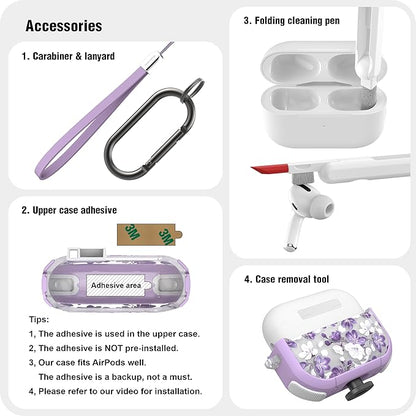 Wenew Case for AirPods Pro & Pro 2 Case Cover Secure Lock Automatic Snap Switch Clip Cleaner Kit Lanyard Women Stylish Armor Full Body Hard Shell Front LED Visible (Purple flower, AirPods Pro & Pro 2)