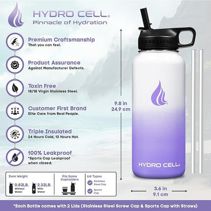 HYDRO CELL Stainless Steel Insulated Water Bottle with Straw - For Cold & Hot Drinks - Metal Vacuum Flask with Screw Cap and Modern Leakproof Sport Thermos for Adults (Lavender/White 32oz)