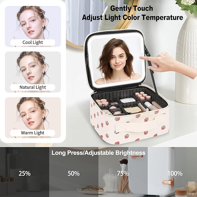 TANTO Makeup Bag With LED Mirror, Travel Makeup Case with Light up Mirror Fashion Cute Cosmetic Bag with 3 Color Lighted Portable Organizer Case with Adjustable Dividers （Strawberry/Beige,Small）
