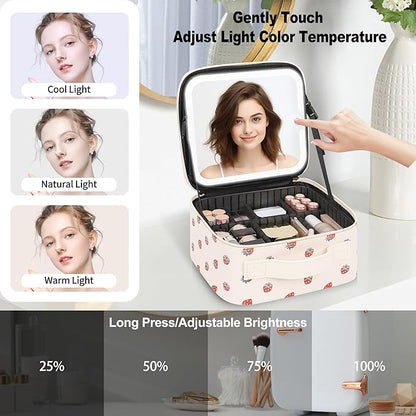 TANTO Makeup Bag With LED Mirror, Travel Makeup Case with Light up Mirror Fashion Cute Cosmetic Bag with 3 Color Lighted Portable Organizer Case with Adjustable Dividers （Strawberry/Beige,Small）