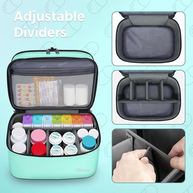 Mancro Dual Layers Medicine Organizer Bag, Pill Bottle Organizer Storage with Lockable Zipper, Medication Travel Bag for Pills, Vitamins, Medical Supplies for Home Storage, Travel, Green