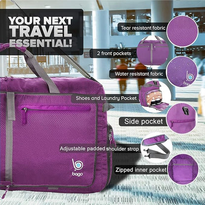 Bago Large Foldable Duffel Bags for Traveling Women & Men - 100L Packable Duffle Bag for Travel with Shoe Compartment - Water Repellant, Heavy Duty, Lightweight Folding & Collapsible (Purple)