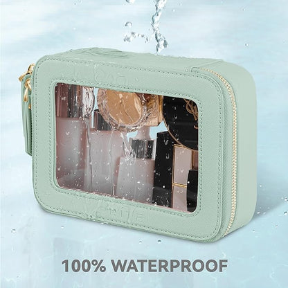 Prite Clear Makeup Bag Cosmetic Organizer Case Waterproof Travel Toiletry Bag Skincare Pouch with Golden Zipper(Green)