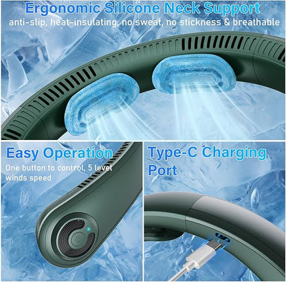 Neck Fan - Portable Neck Fan with Neck Support, 5 Speeds, All Around Airflow, Hand-free Bladeless Personal Cooling Fans, Rechargeable Wearable Fan for Outdoor and Indoor, Festival Gifts for Men Women