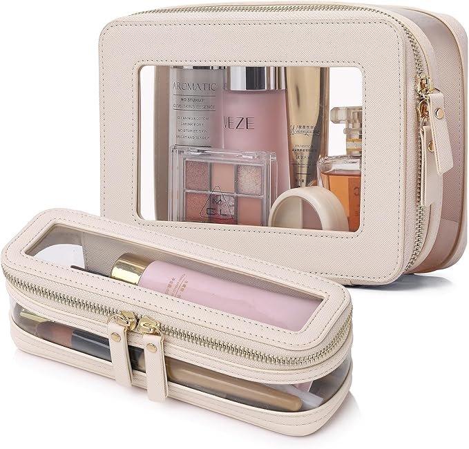 Pinkmik Clear Makeup Bag with Brush Case Travel Toiletry Bag Waterproof Cosmetic Organizer Car Essentials for Women (Beige, M+SLIM-1)